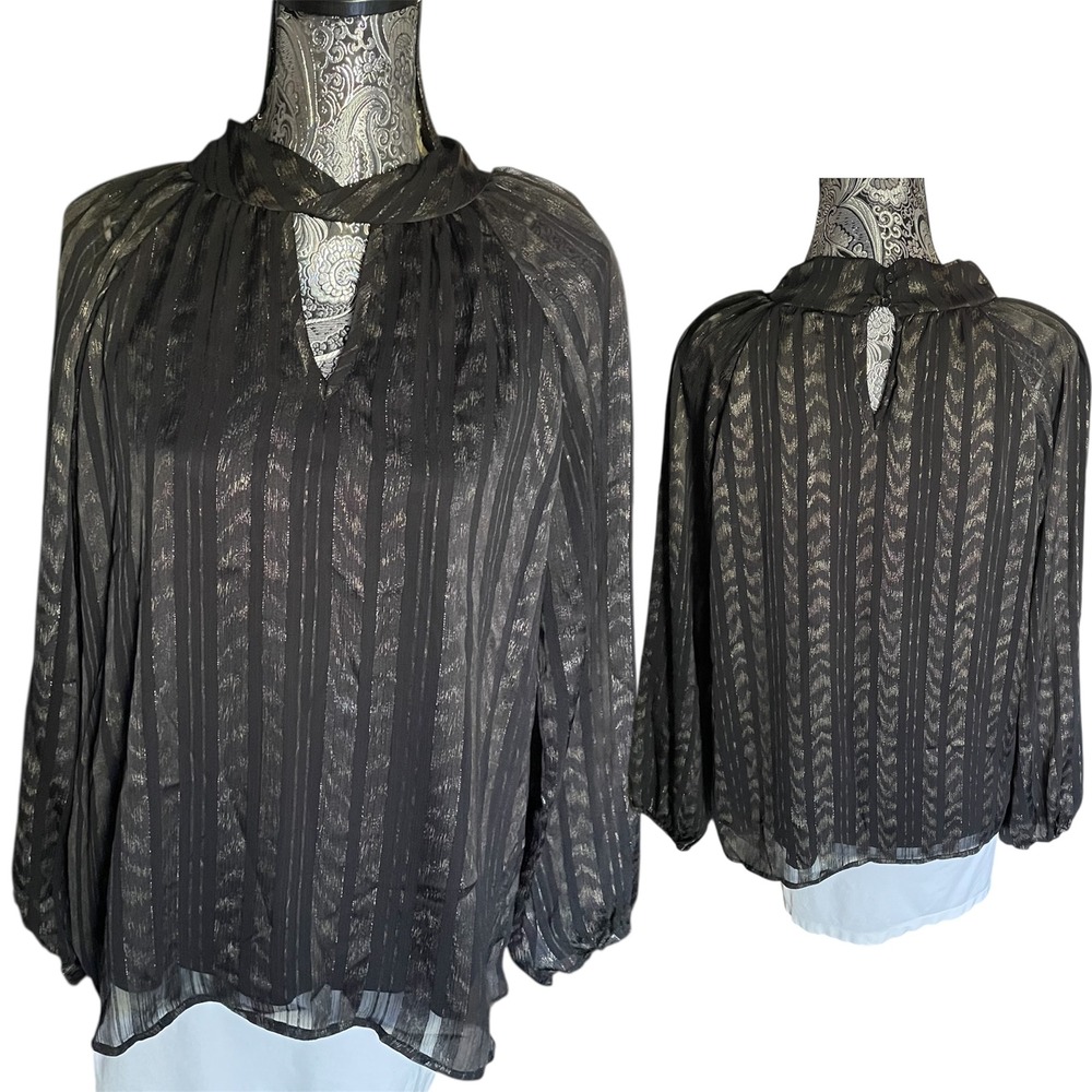 Eclair women's Black & Gold Metallic Striped Mock Neck lined Blouse Size L